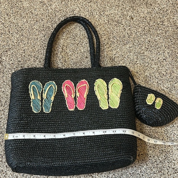 Straw Woven Black Beach Summer Large Tote with Flip Flops design + small bag - Picture 8 of 16